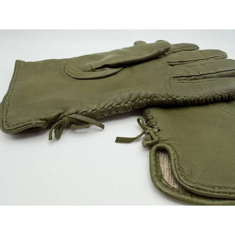 Olive Green Leather Gloves Side Stitching Detail Size Medium
